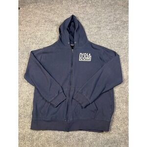 Volcom Mens XL Navy Full Zip Hoodie Logo Fleece Lined Skate Surf Streetwear Y2K
